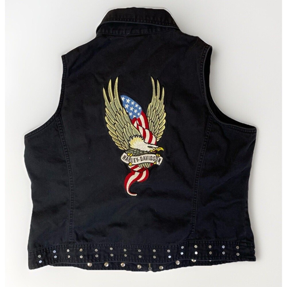 Vintage 03’ Harley Davidson Black Zip Up Vest Size XL Embroidered